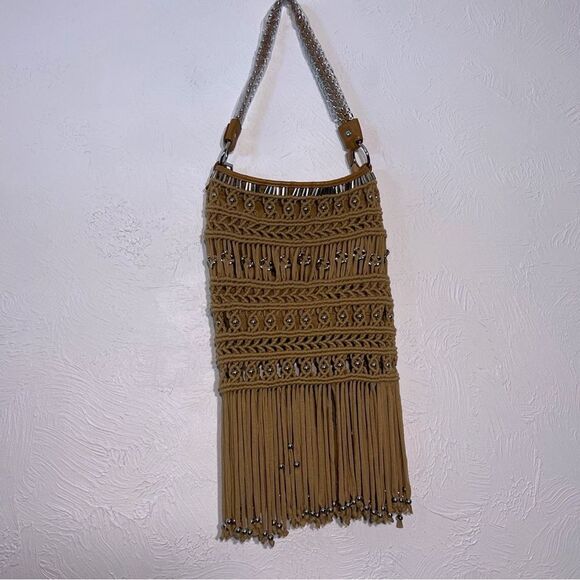 Bebe Beige  Tan Fabric Fringe Gold Chain Shoulder  Bag NWOT Hobo Bohemian - Picture 1 of 8